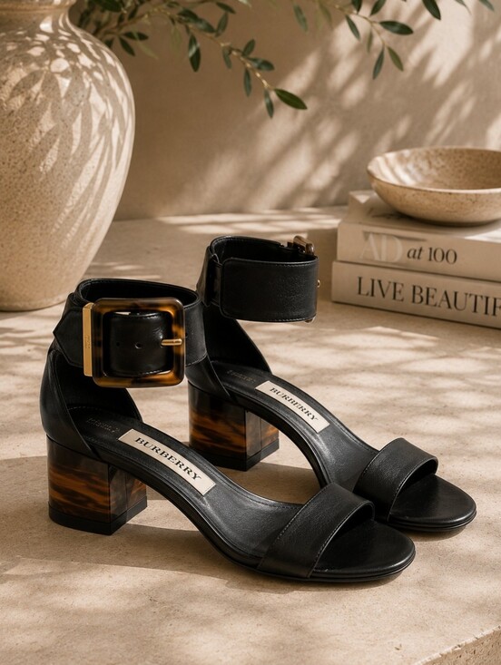 Burberry Shoes - Burberry Black Leather Ankle Strap Sandals Tortoiseshell Heel 35.5